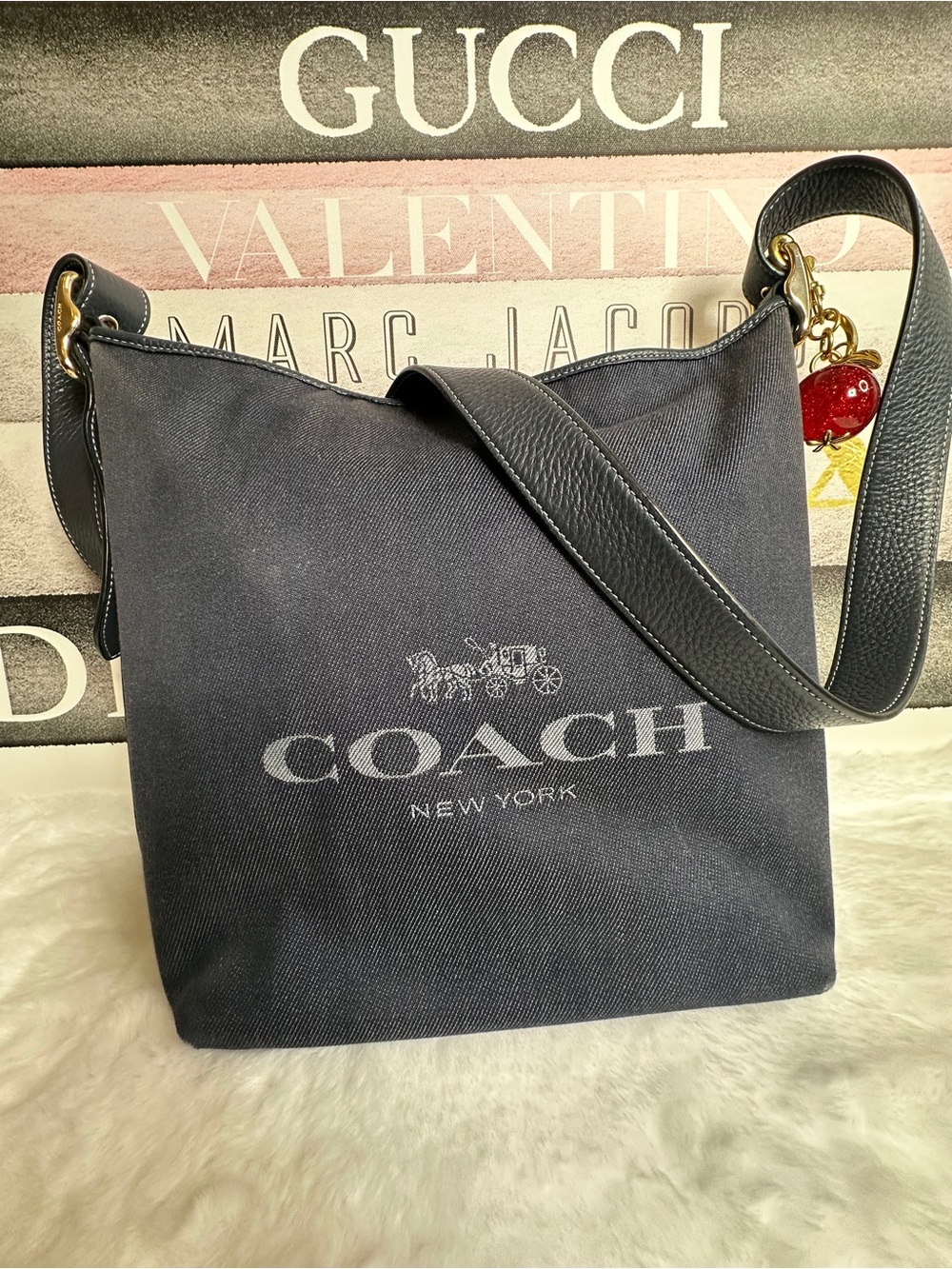Coach Denim Navy Carriage Hobo Canvas Shoulder Bag with Brown Leather Accent